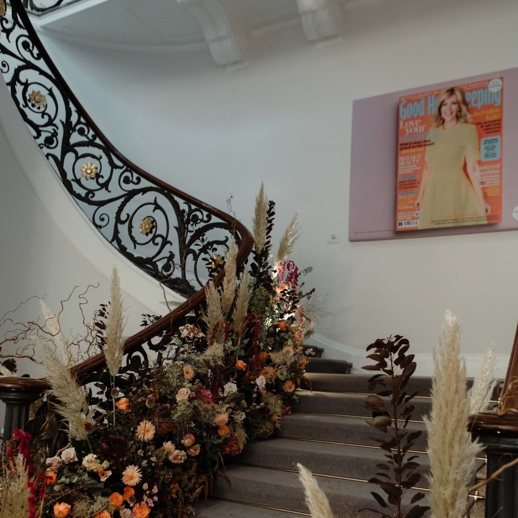 Floral installation Floral display across black staircase
